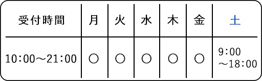 受付時間：月～金10:00～21：00  土9:00～18:00.休業日：日曜・祝祭日